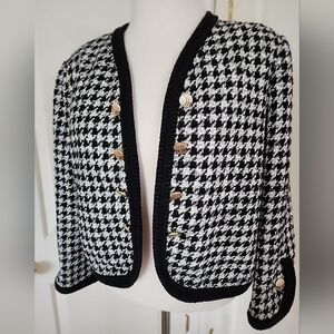 Zara Black and White Houndstooth Cropped Jacket with Gold Buttons Sz Large